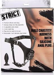 Strict male chastity harness with silicone anal plug