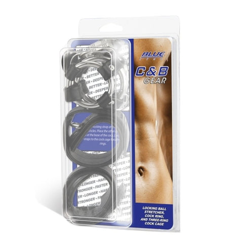 Blue line locking ball stretcher, cock ring and three ring cock cage