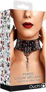 Printed collar with leash old school tattoo style