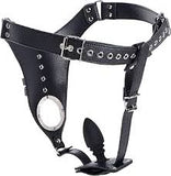 Strict male chastity harness with silicone anal plug