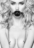 Black and white breathable ball gag with nipple clamps