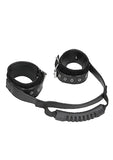 Black and white bonded leather wrist cuffs with handle