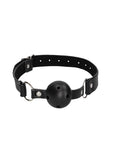 Black and white breathable ball gag with bonded leather straps