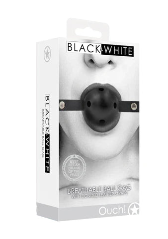 Black and white breathable ball gag with bonded leather straps